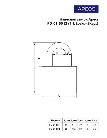 Апекс PD-01-50 Blister блистер с одной секретностью (2+1-L Locks+5Keys) Замок навесной (16.4) 
