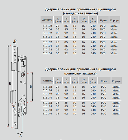 REZE 25х92х15-16х240 PVC-MK-M с рол. б/о б/накл б/шур м/о 92мм арт.515142 Замок врезной б/руч (40)