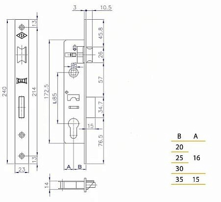 KALE 153  30mm W/B никель б/мех. , м/о 85мм Замок врезной б/руч (30)